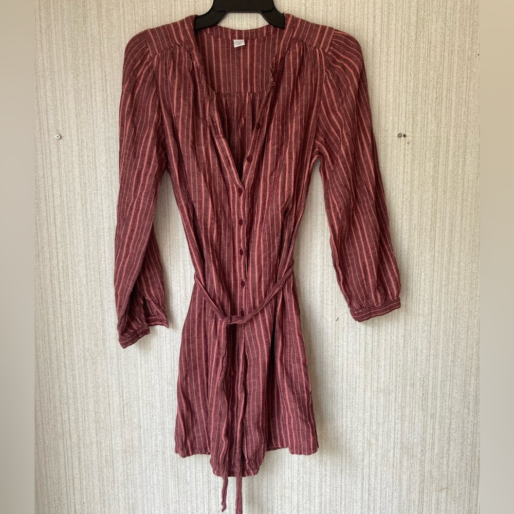 Old Navy Striped Button-Front Tunic Dress tie waist burgundy women’s XS